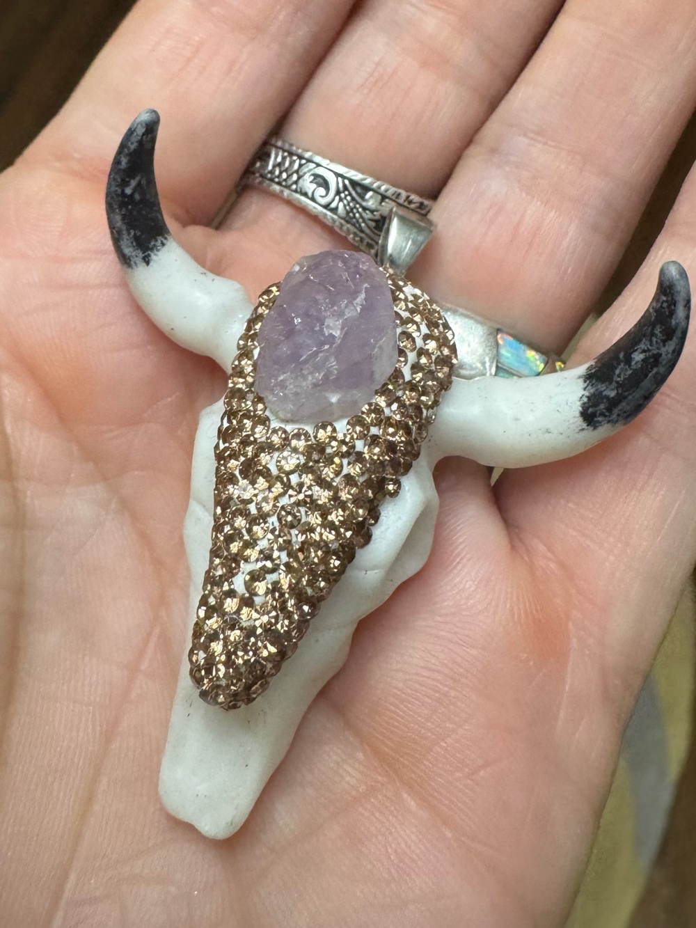 Vintage Lavender Amethyst and Champagne Crystal Bull Skull Pendant